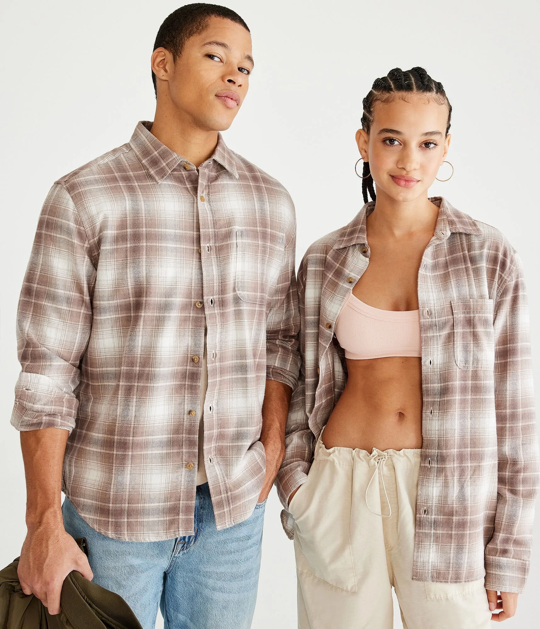 Chemise en flanelle à carreaux à manches longues pour femmes Aeropostale - Beige - Taille XL - Coton - Mode pour adolescents & Vêtements - Sac fourreau Aeropostale