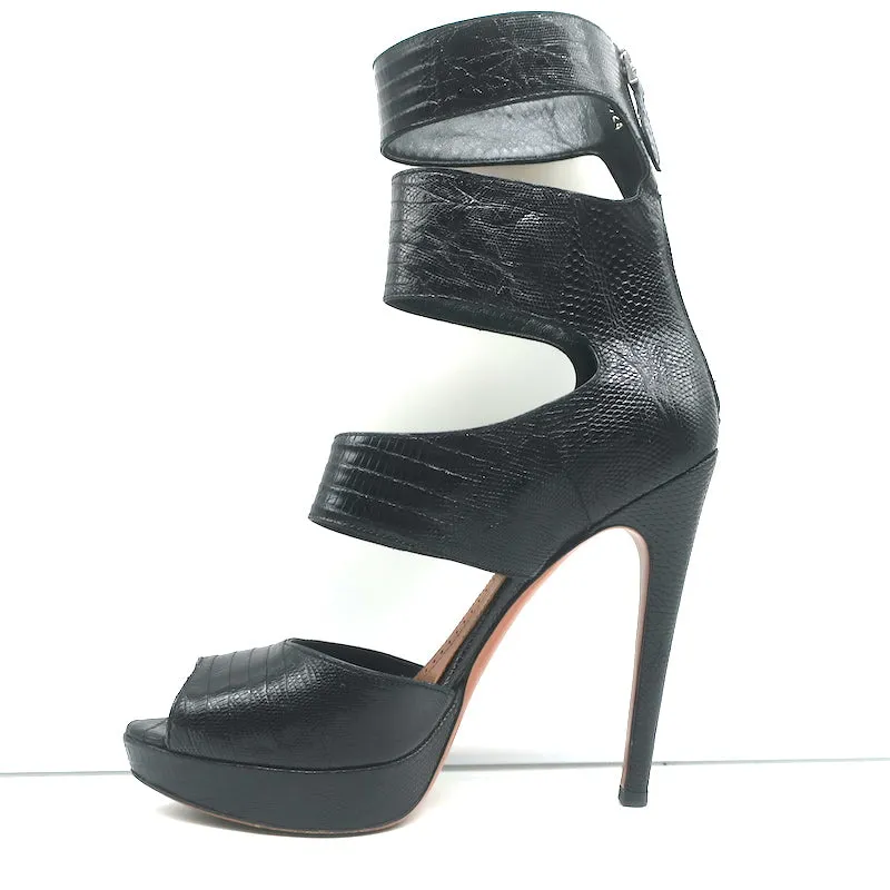 Bottes Plateforme Alaia à Découpes en Cuir Noir Imprimé Lézard Taille 38.5