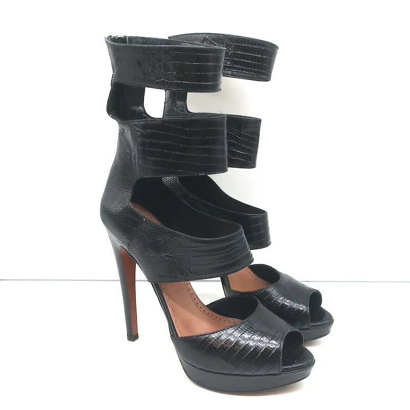 Bottes Plateforme Alaia à Découpes en Cuir Noir Imprimé Lézard Taille 38.5