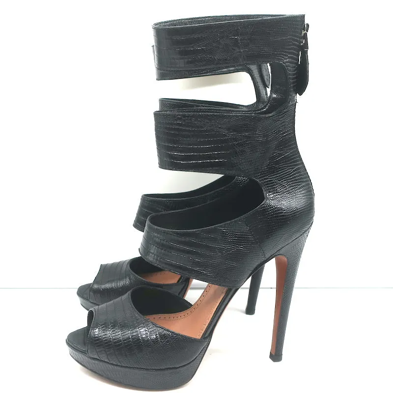 Bottes Plateforme Alaia à Découpes en Cuir Noir Imprimé Lézard Taille 38.5