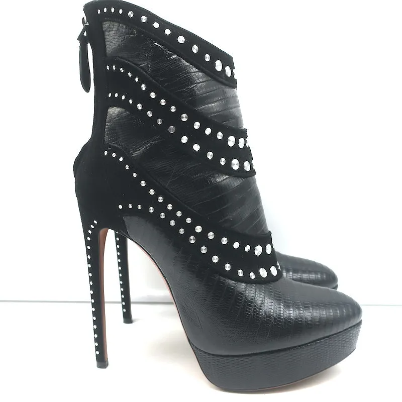 Bottes Plateforme Alaia à Clous en Suède Noir & Cuir Grainé Lézard Taille 39.5