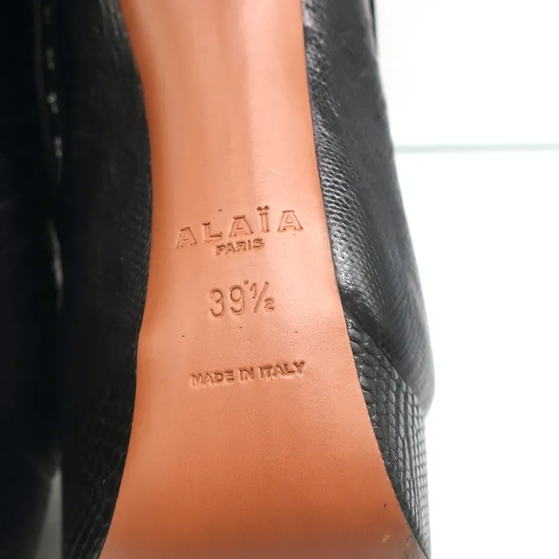 Bottes Plateforme Alaia à Clous en Suède Noir & Cuir Grainé Lézard Taille 39.5