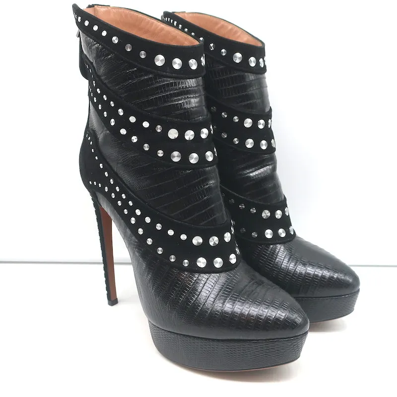Bottes Plateforme Alaia à Clous en Suède Noir & Cuir Grainé Lézard Taille 39.5