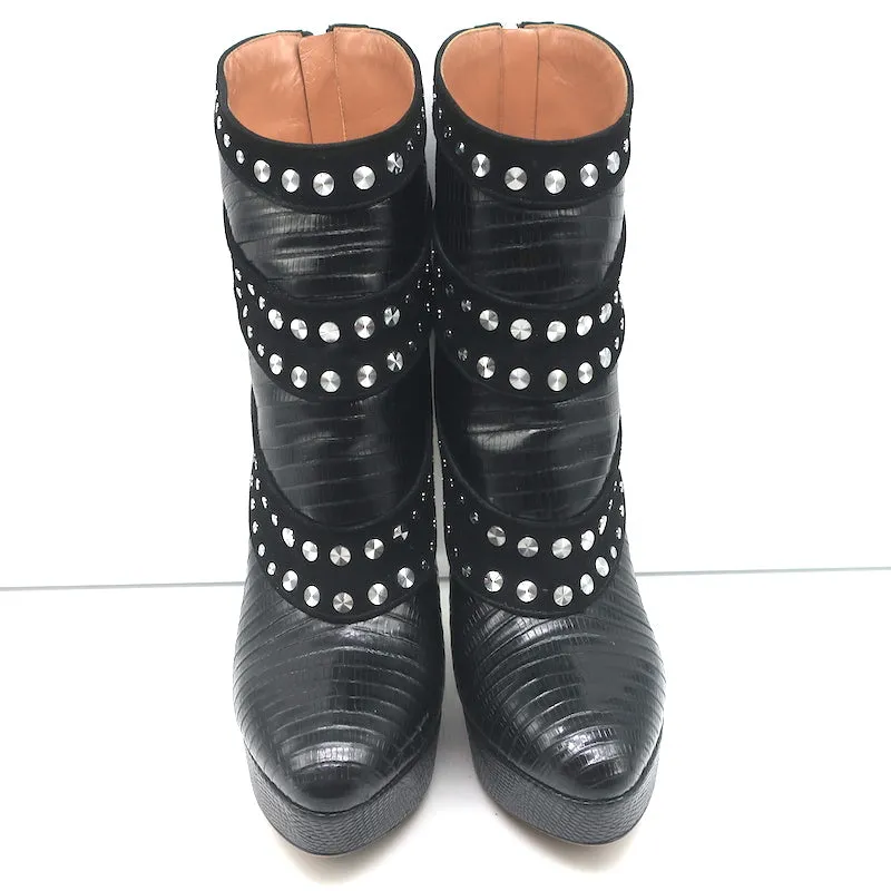 Bottes Plateforme Alaia à Clous en Suède Noir & Cuir Grainé Lézard Taille 39.5