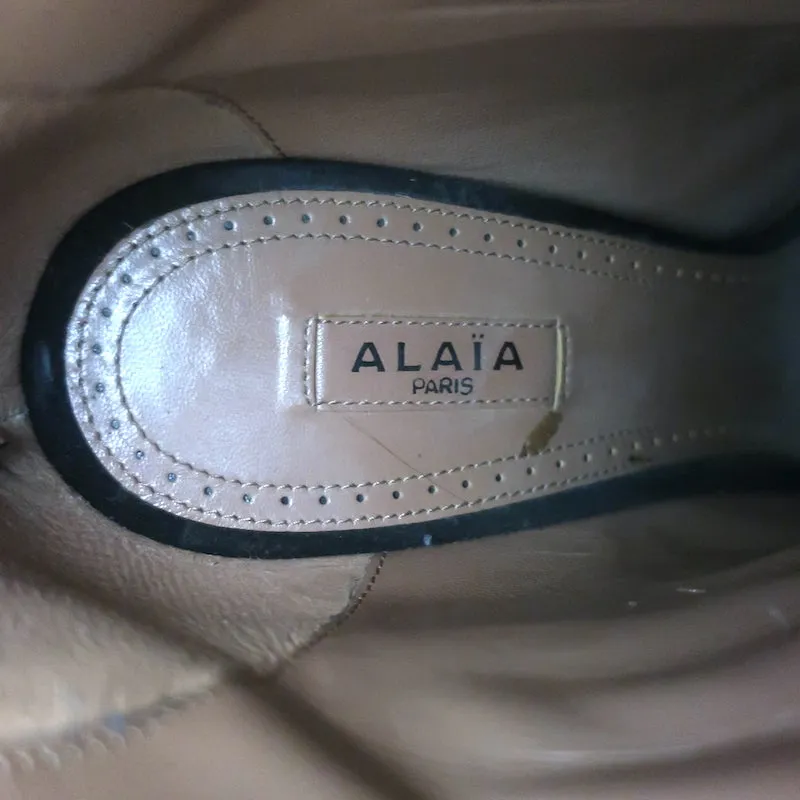 Bottes Plateforme Alaia à Clous en Suède Noir & Cuir Grainé Lézard Taille 39.5
