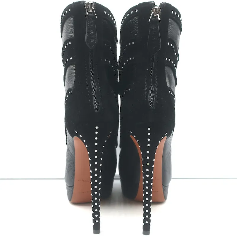 Bottes Plateforme Alaia à Clous en Suède Noir & Cuir Grainé Lézard Taille 39.5