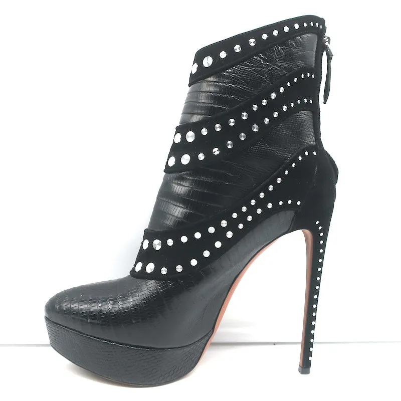 Bottes Plateforme Alaia à Clous en Suède Noir & Cuir Grainé Lézard Taille 39.5