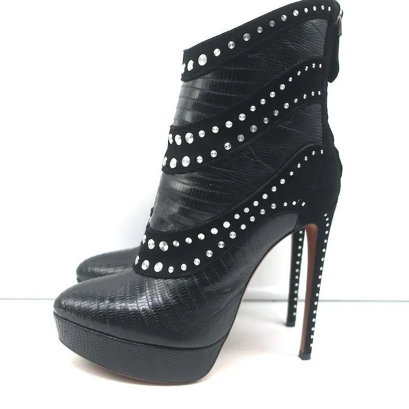 Bottes Plateforme Alaia à Clous en Suède Noir & Cuir Grainé Lézard Taille 39.5