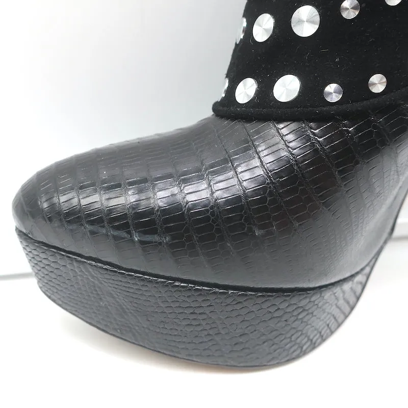 Bottes Plateforme Alaia à Clous en Suède Noir & Cuir Grainé Lézard Taille 39.5