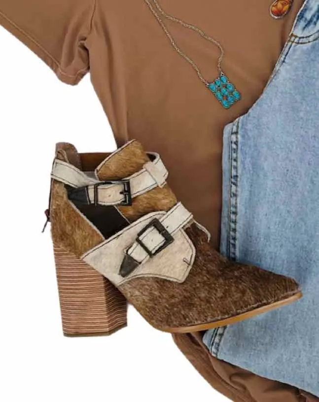 Bottes Alcala Taille 7.5 Marron/Beige Boucle(s) Chaussures en Poil de Vache Bottes Cheville