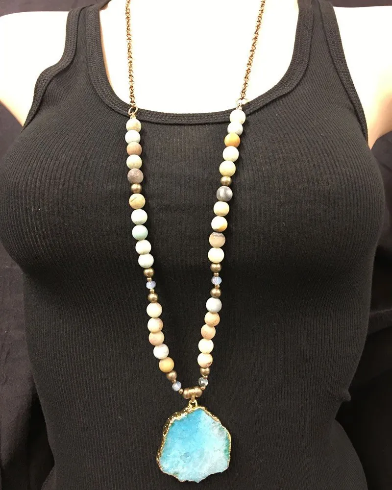 Collier Druzy Bleu, pierres d'Amazonite sur chaîne en laiton