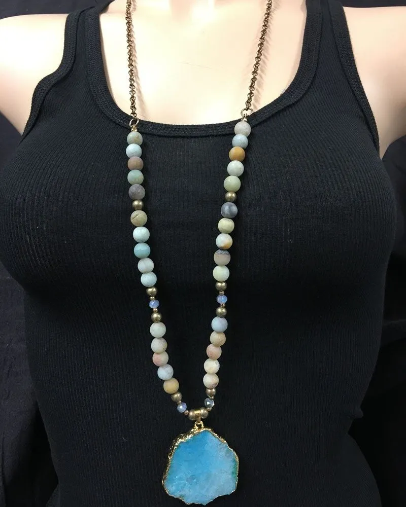Collier Druzy Bleu, pierres d'Amazonite sur chaîne en laiton