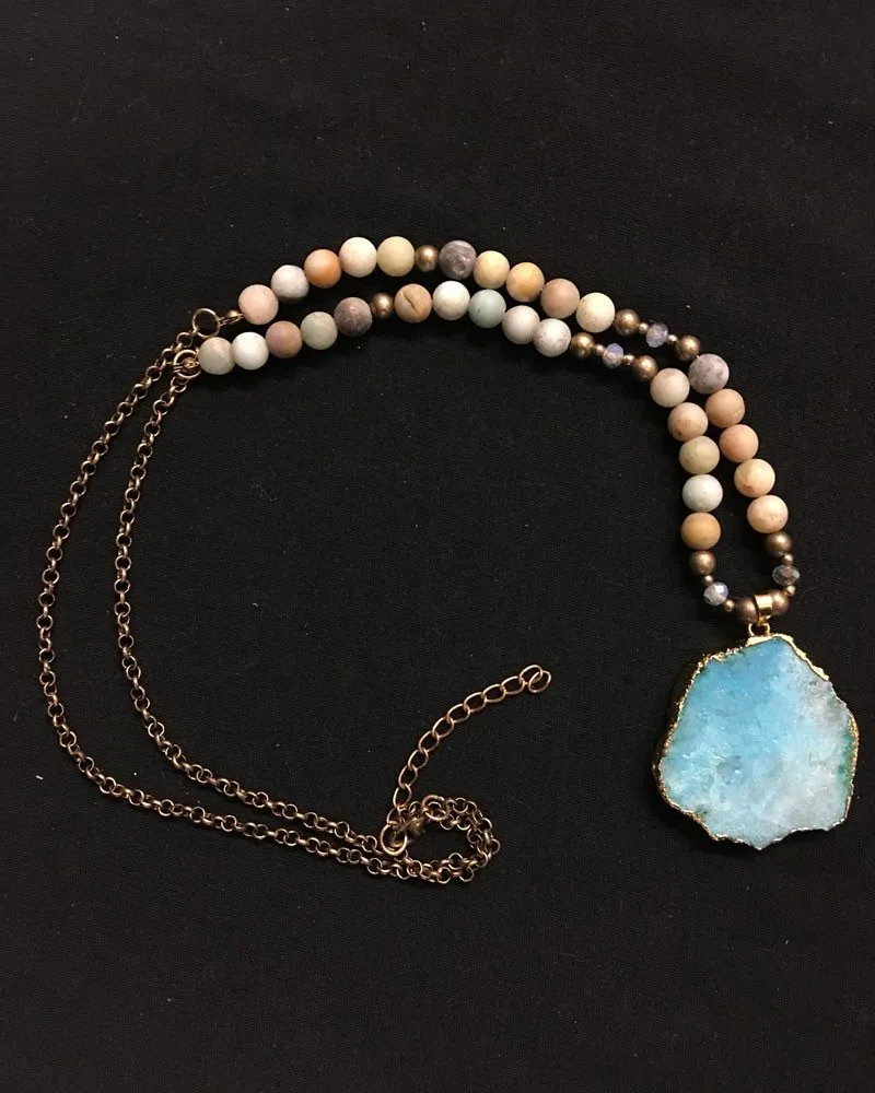 Collier Druzy Bleu, pierres d'Amazonite sur chaîne en laiton