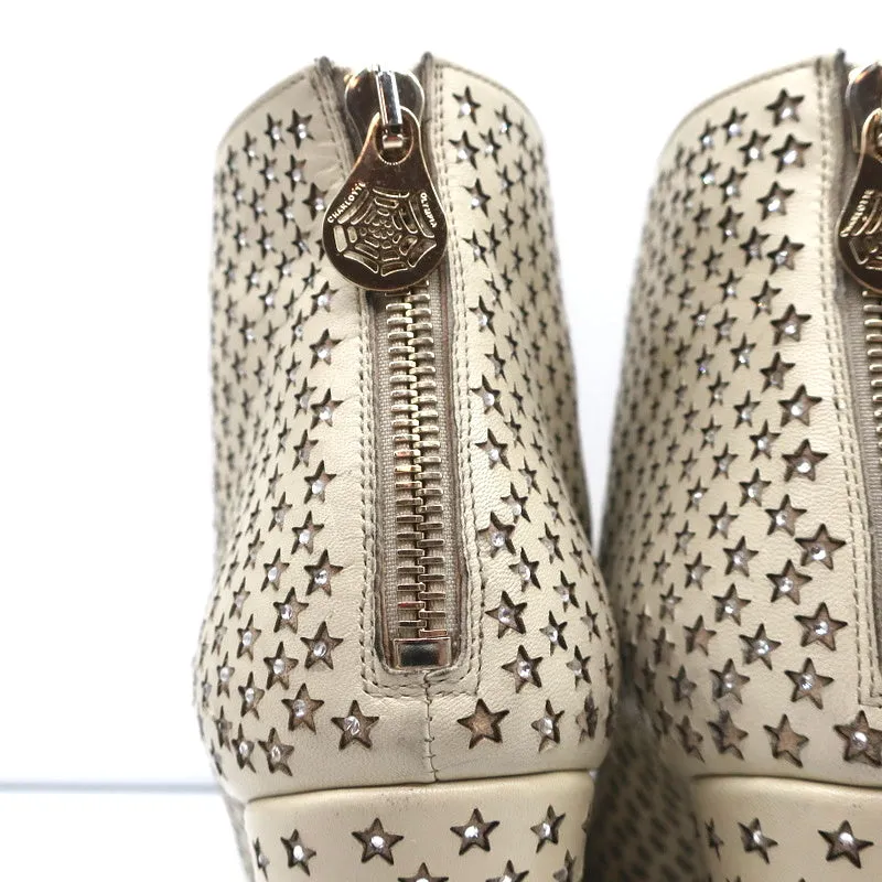 Charlotte Olympia Bottine Alba Star en Cuir Crème à Incrustations de Cristal Taille 38