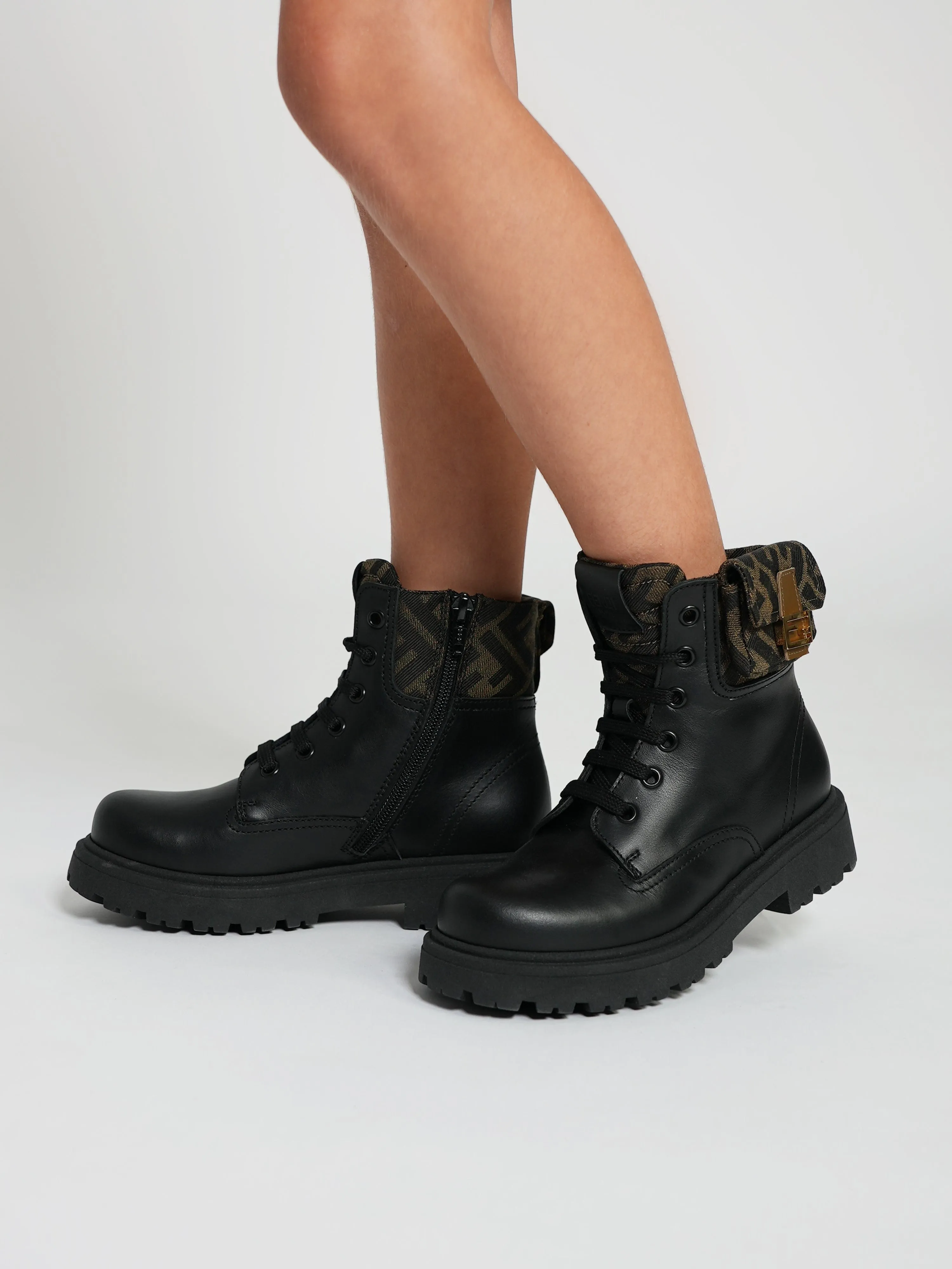 Bottes motard en cuir Baguette Fendi Kids en noir
