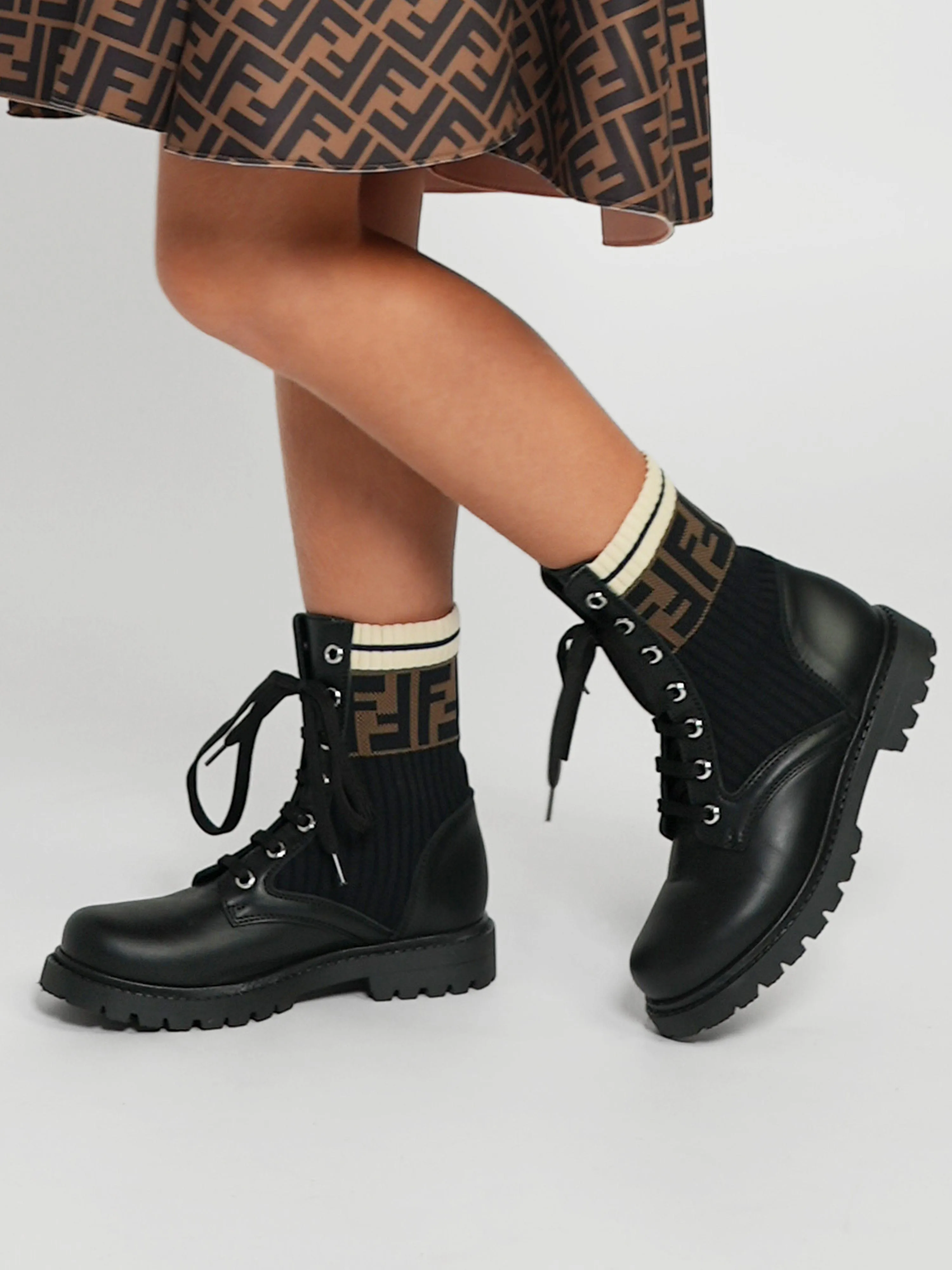 Bottes motard Fendi Kids en cuir avec logo FF en noir