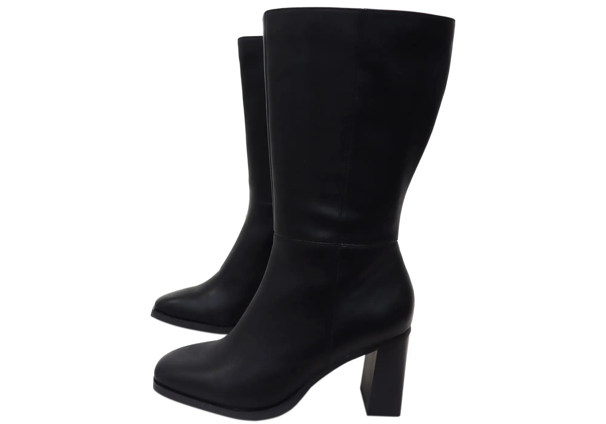 Bottes Femme Hush Puppies Patron en Cuir à Talon Mi-Mollet Noir Chaussures Hush Puppies