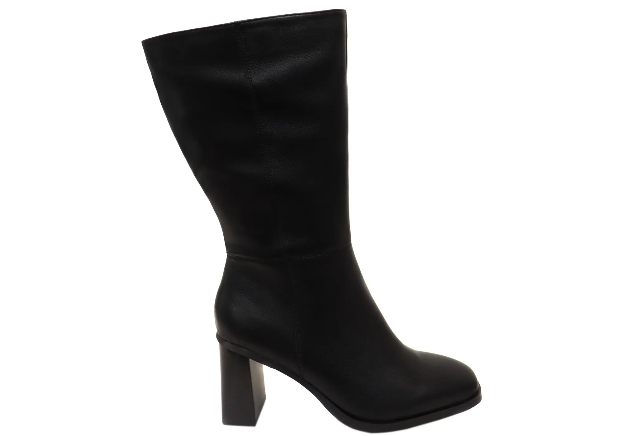 Bottes Femme Hush Puppies Patron en Cuir à Talon Mi-Mollet Noir Chaussures Hush Puppies