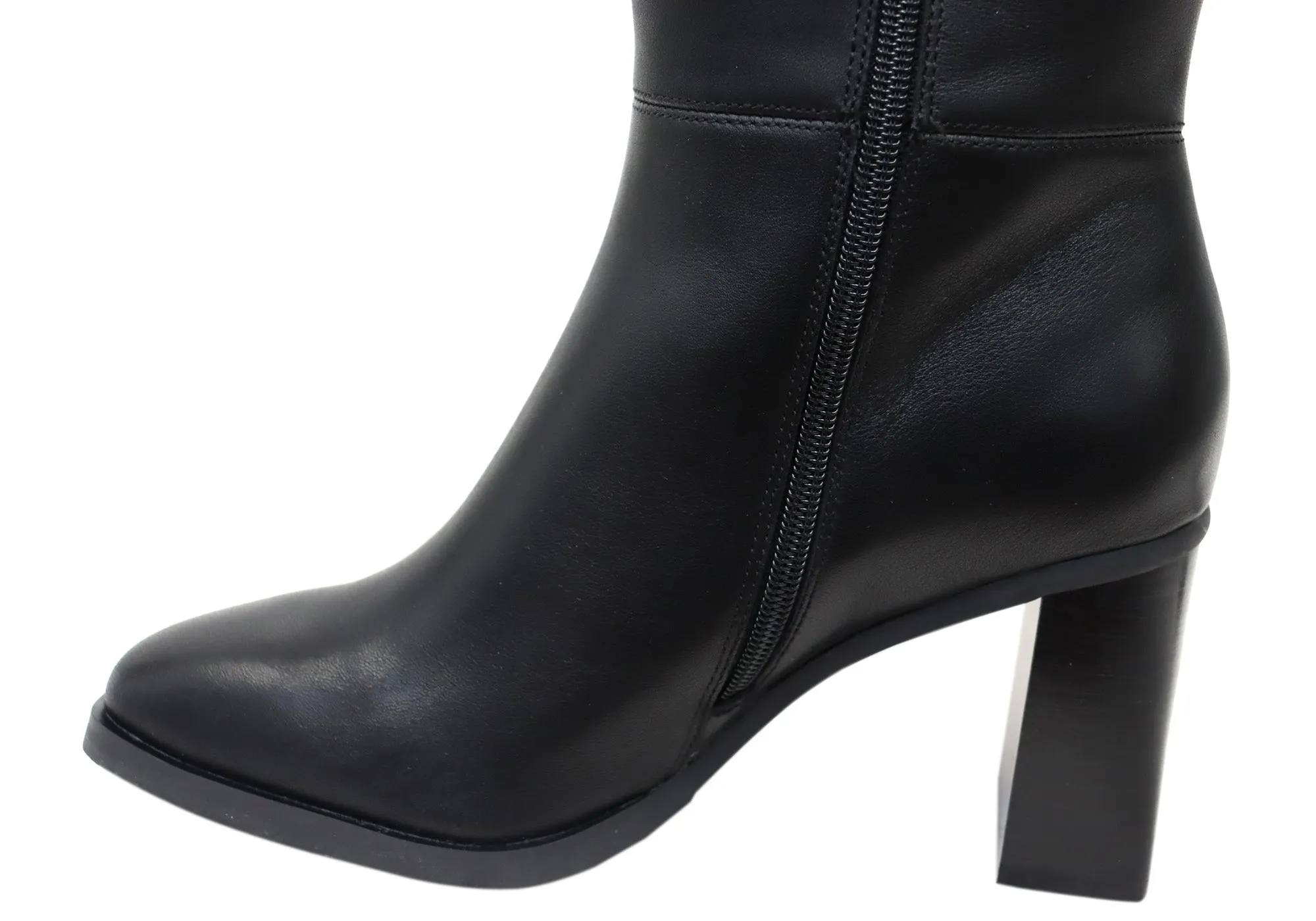 Bottes Femme Hush Puppies Patron en Cuir à Talon Mi-Mollet Noir Chaussures Hush Puppies