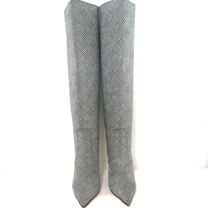 Bottes hautes Jimmy Choo Mavis 100 pailletées à carreaux Prince de Galles argenté taille 38.5