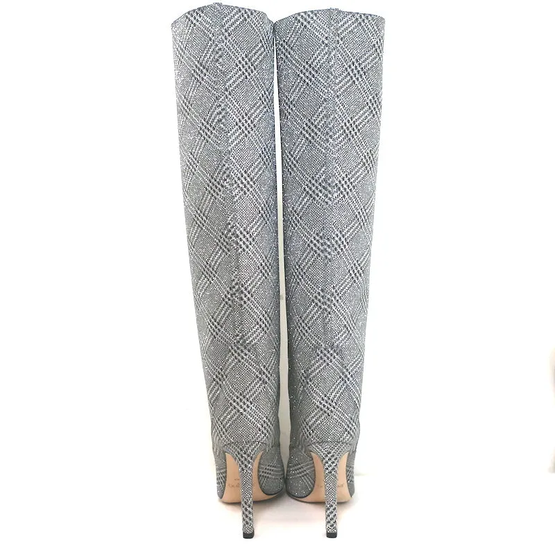 Bottes hautes Jimmy Choo Mavis 100 pailletées à carreaux Prince de Galles argenté taille 38.5