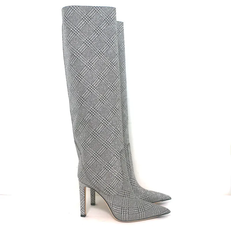 Bottes hautes Jimmy Choo Mavis 100 pailletées à carreaux Prince de Galles argenté taille 38.5