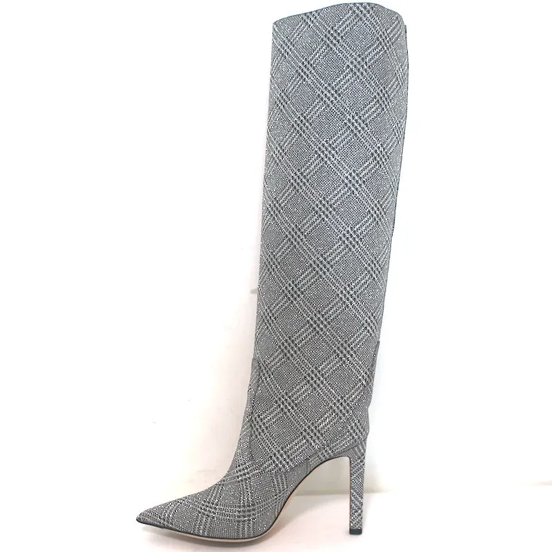 Bottes hautes Jimmy Choo Mavis 100 pailletées à carreaux Prince de Galles argenté taille 38.5