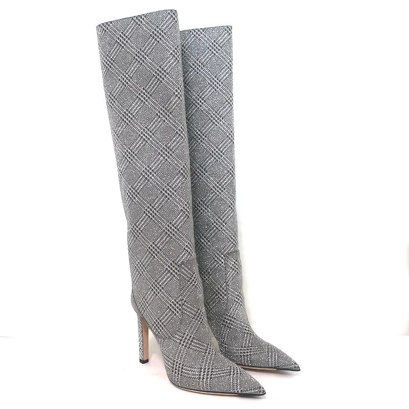 Bottes hautes Jimmy Choo Mavis 100 pailletées à carreaux Prince de Galles argenté taille 38.5