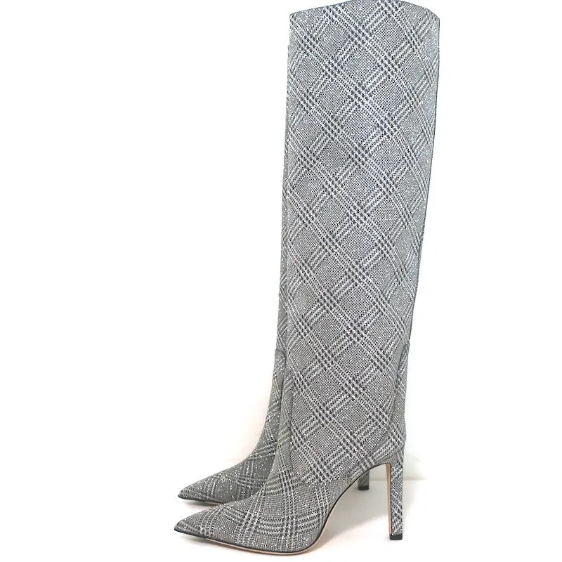 Bottes hautes Jimmy Choo Mavis 100 pailletées à carreaux Prince de Galles argenté taille 38.5
