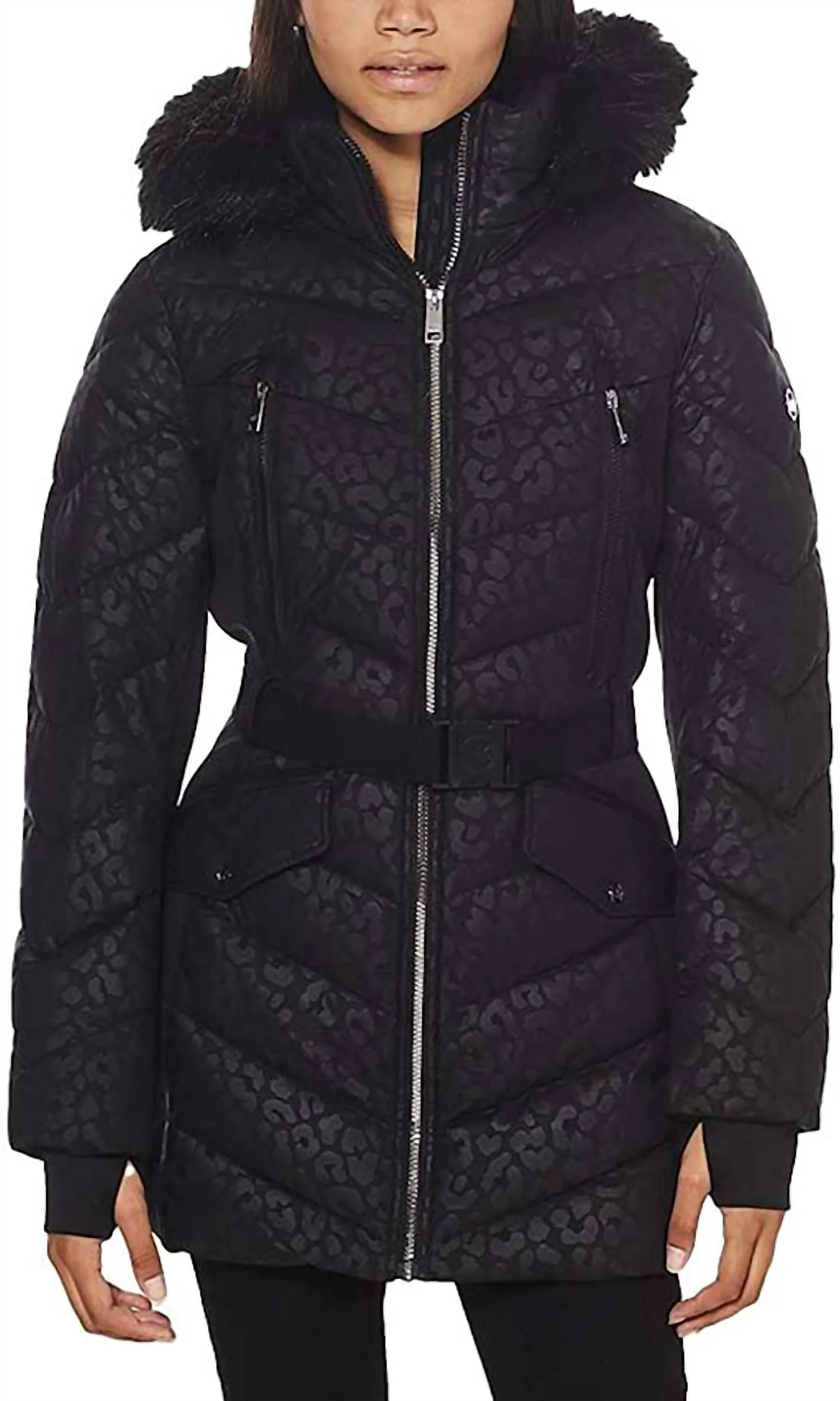 Logo Leopard Ceinturé Manteau Doudoune À Capuche Noir