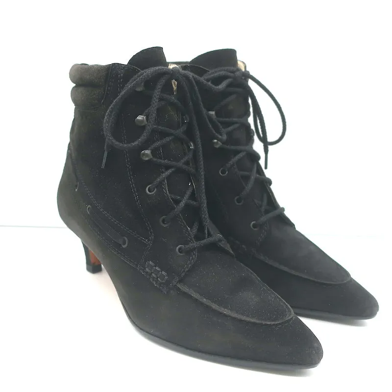 Bottes à lacets Manolo Blahnik en daim noir pointure 38.5 bout pointu petit talon