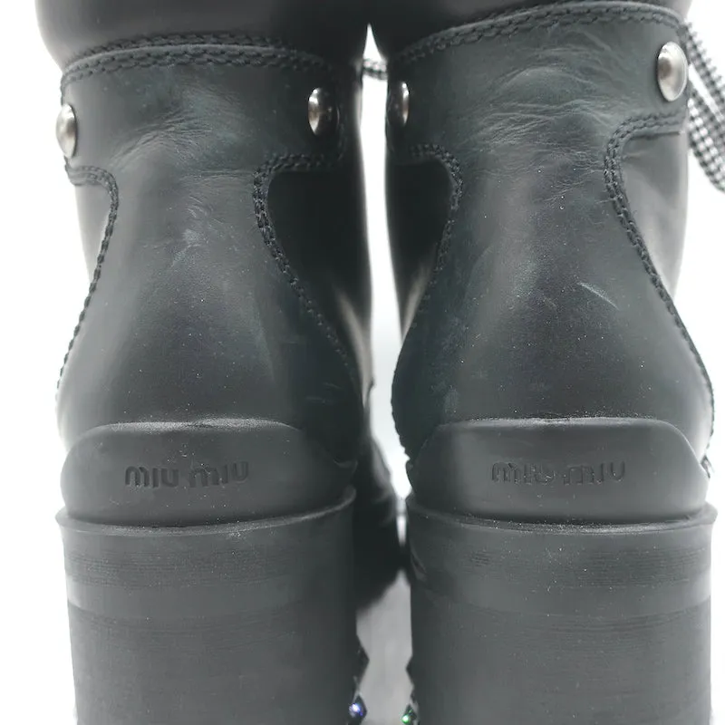 Miu Miu Nevermind Bottes de combat à cristaux Cuir noir Taille 35.5