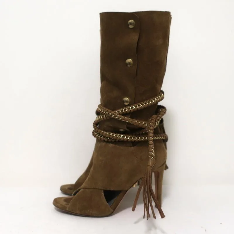 Bottes à talons ouverts Monika Chiang avec chaîne tressée Armena en daim marron taille 35