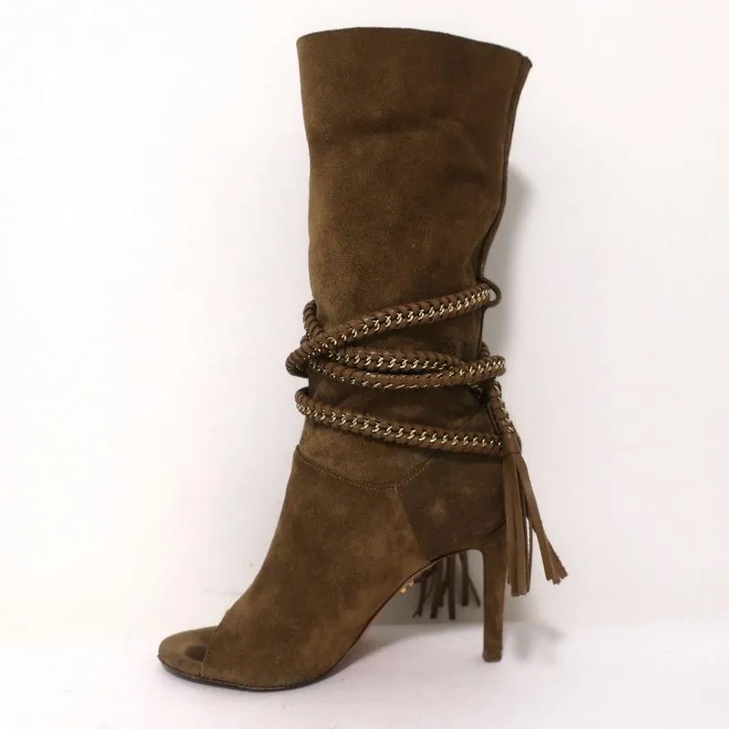 Bottes à talons ouverts Monika Chiang avec chaîne tressée Armena en daim marron taille 35