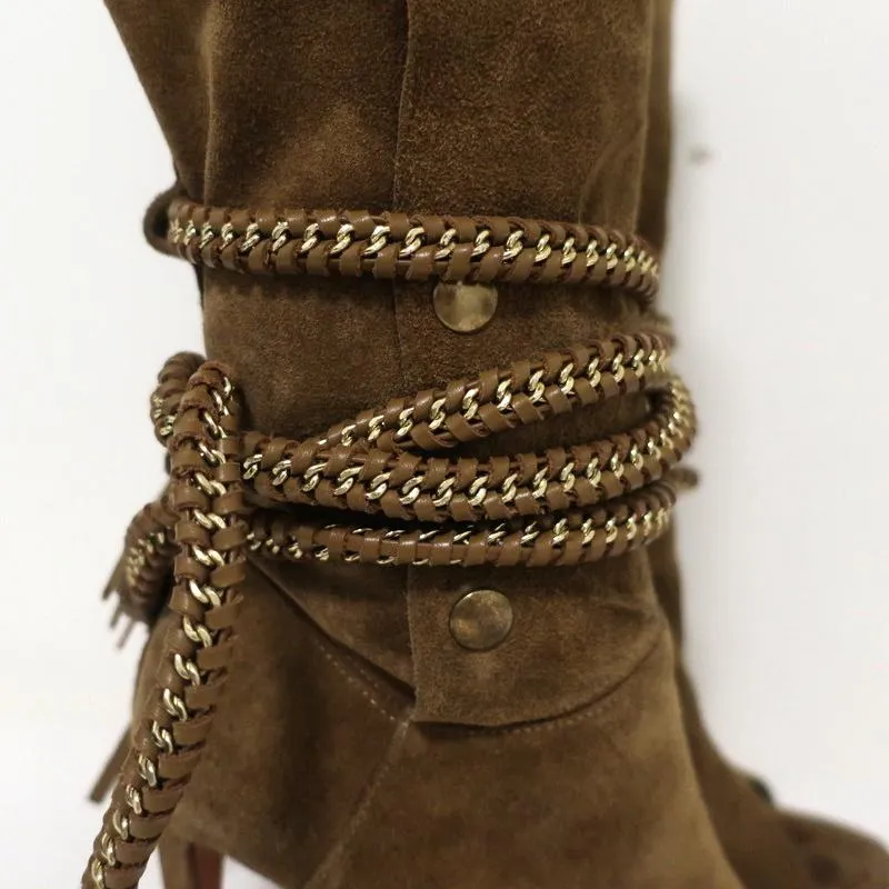 Bottes à talons ouverts Monika Chiang avec chaîne tressée Armena en daim marron taille 35