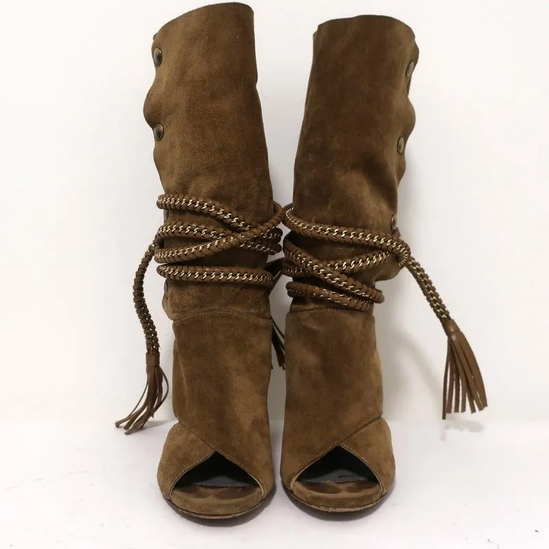 Bottes à talons ouverts Monika Chiang avec chaîne tressée Armena en daim marron taille 35