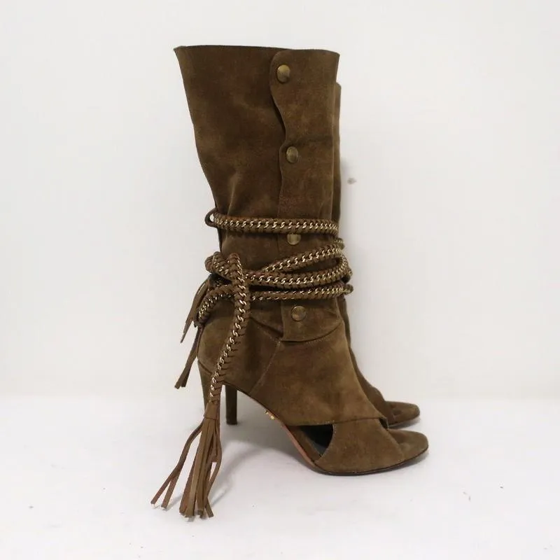 Bottes à talons ouverts Monika Chiang avec chaîne tressée Armena en daim marron taille 35