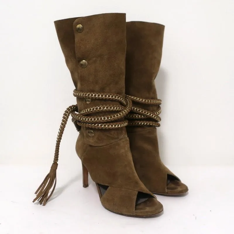 Bottes à talons ouverts Monika Chiang avec chaîne tressée Armena en daim marron taille 35