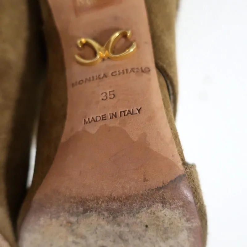 Bottes à talons ouverts Monika Chiang avec chaîne tressée Armena en daim marron taille 35