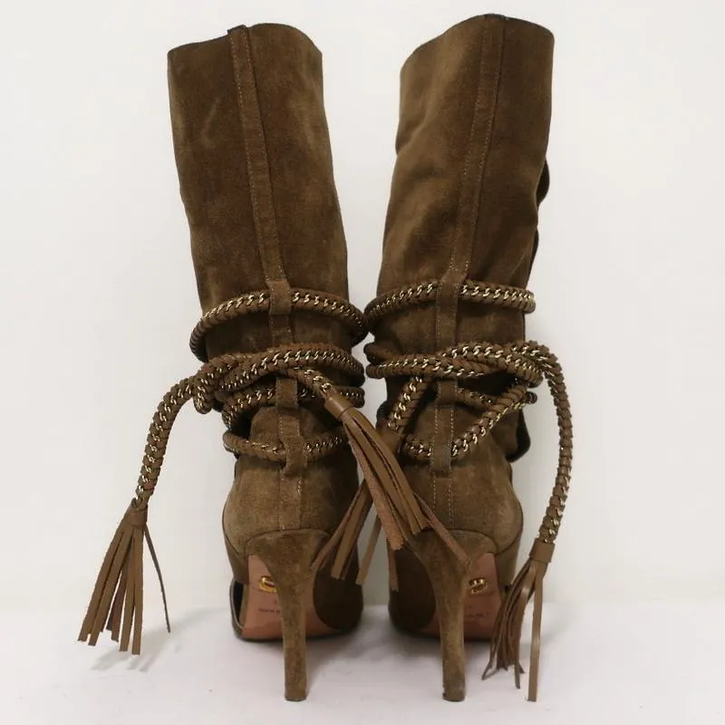 Bottes à talons ouverts Monika Chiang avec chaîne tressée Armena en daim marron taille 35