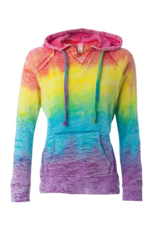 MV Sport Womens Courtney Burnout V-Notch Hooded Sweatshirt Hoodie w/ Pouch Pocket - Rainbow Stripe Clothing Mv-Sport