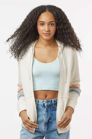 MV Sport Womens Striped Sleeves Full Zip Hooded Sweatshirt Hoodie w/ Pockets - Ivory Clothing Mv-Sport