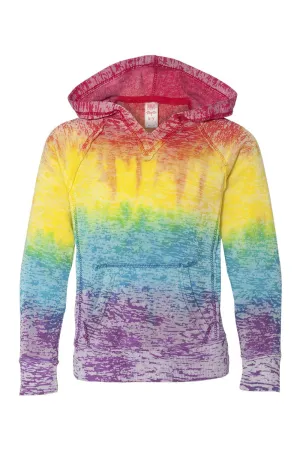 MV Sport Youth Courtney Burnout V-Notch Hooded Sweatshirt Hoodie w/ Pouch Pocket - Rainbow Stripe Clothing Mv-Sport