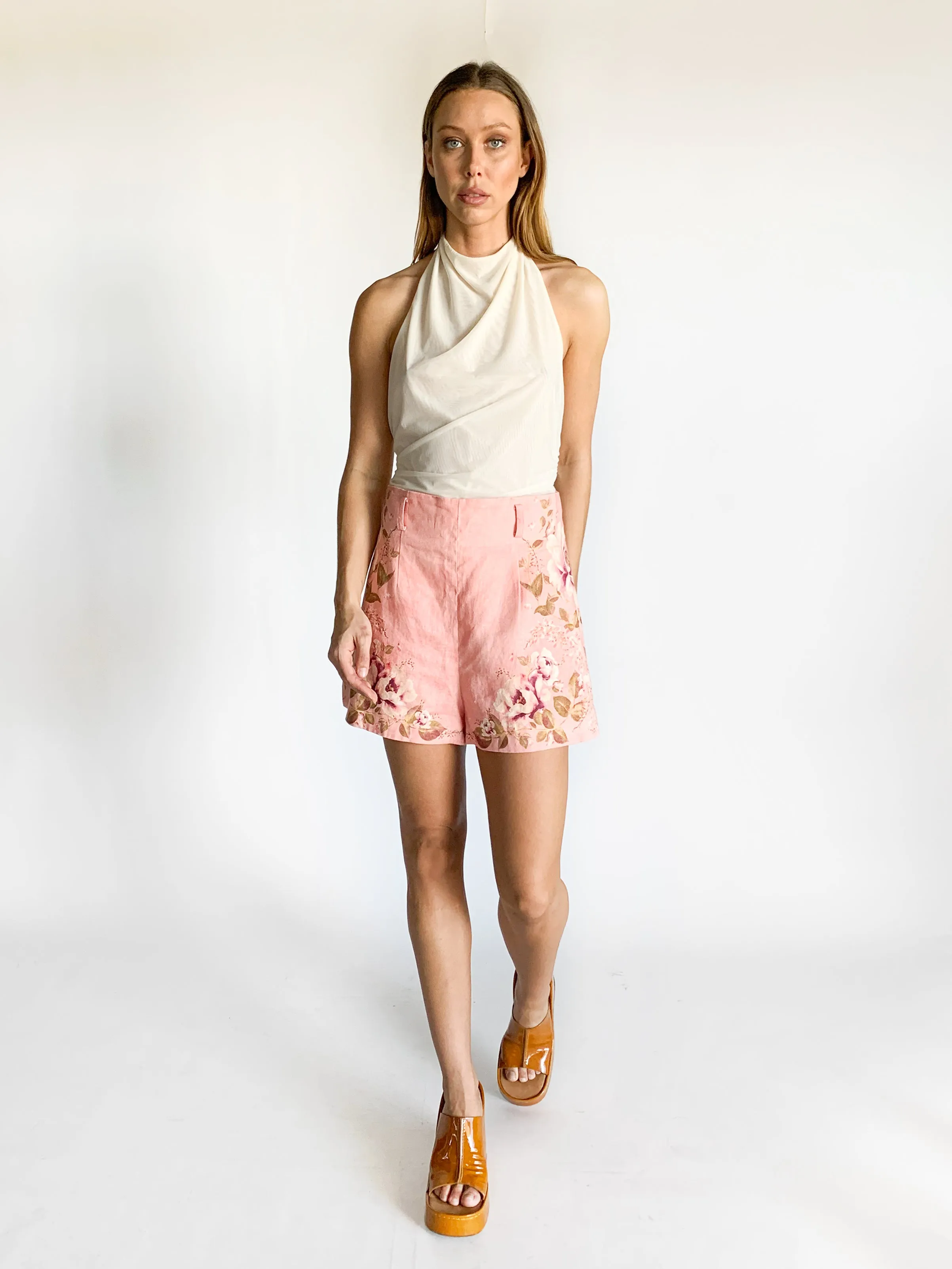 Short en lin rose