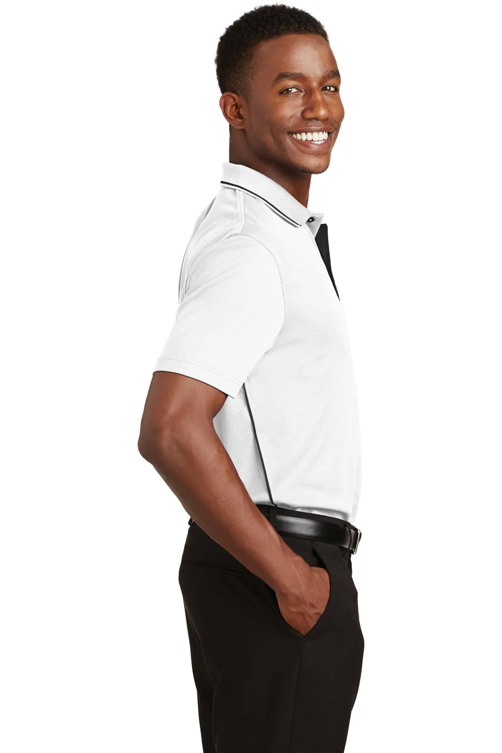 Sport-Tek Polo Homme à Manches Courtes en Maille Dri-Mesh Absorbant l'Humidité - Blanc/Noir - Vêtements de Soldes Sport-Tek