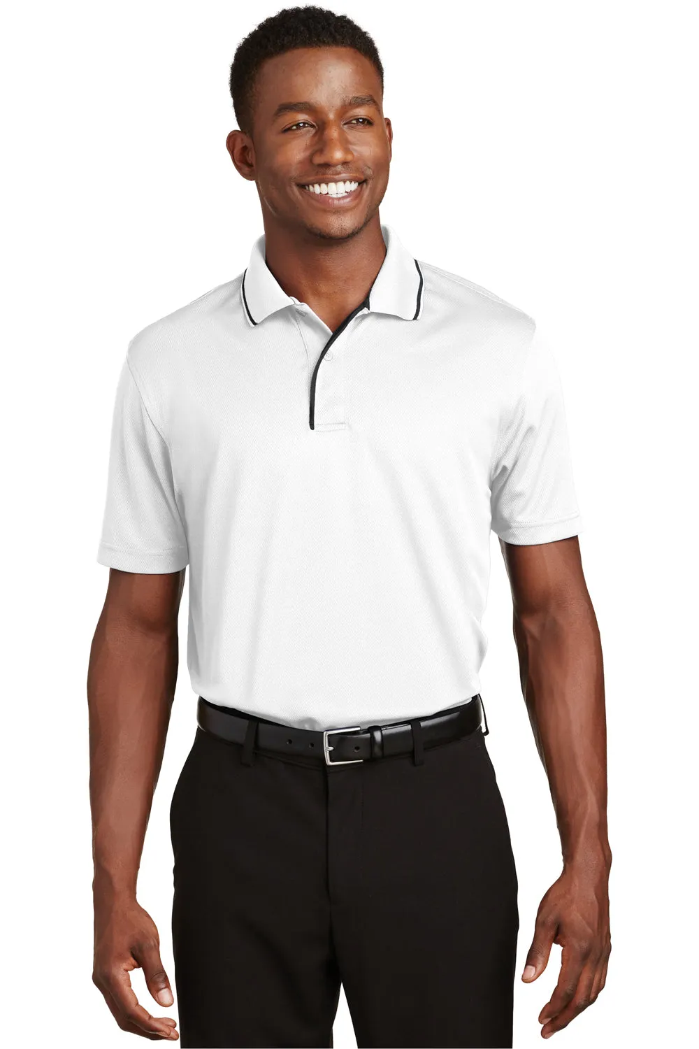 Sport-Tek Polo Homme à Manches Courtes en Maille Dri-Mesh Absorbant l'Humidité - Blanc/Noir - Vêtements de Soldes Sport-Tek