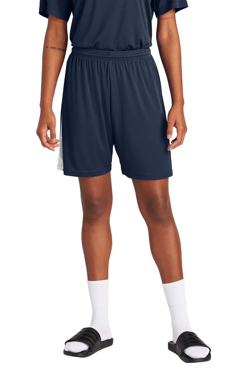 Sport-Tek Shorts de Sport Homme Concurrence United à Évacuation d'Humidité - Bleu Marine/Vrai Blanc