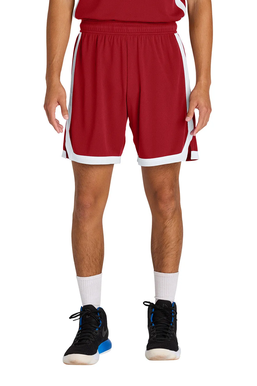 Sport-Tek Shorts de Basketball pour Hommes Rival Évacuation de l'Humidité - Rouge Foncé/Blanc Vêtements Sport-Tek