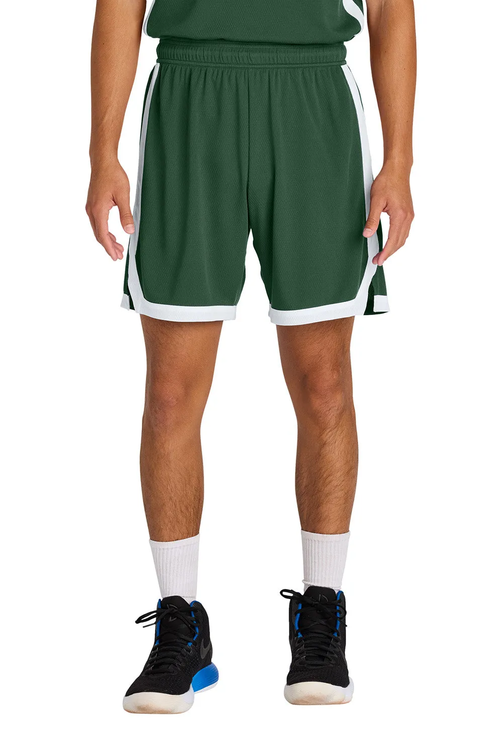 Sport-Tek Shorts de Basketball pour Hommes Rival Évacuation de l'Humidité - Vert Forêt/Blanc Vêtements Sport-Tek