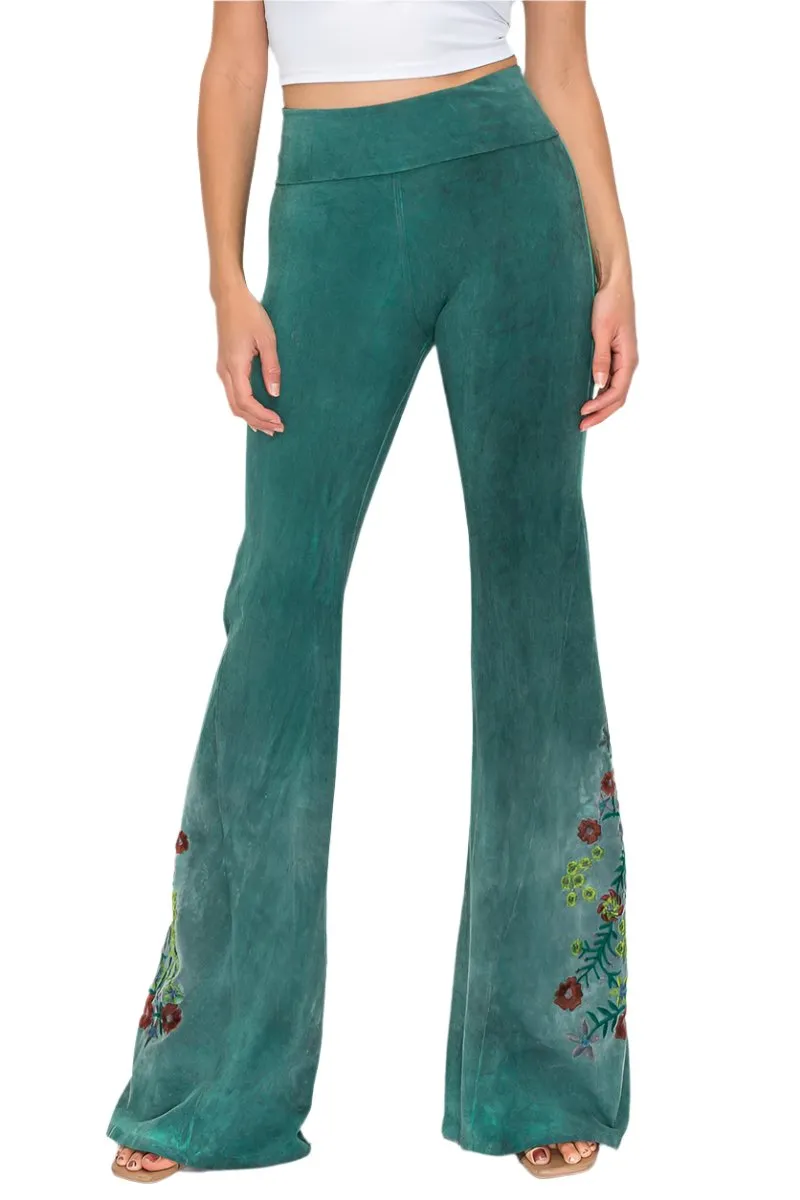 Pantalon de yoga T-Party en tissu lavé à base d'huile avec broderie florale 7207CJ230 Vert chasseur